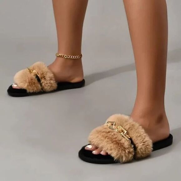 Beige Tan Nude Gold Chain Fur Flat Sandals Slippers Shoes Size 7 - Picture 5 of 5
